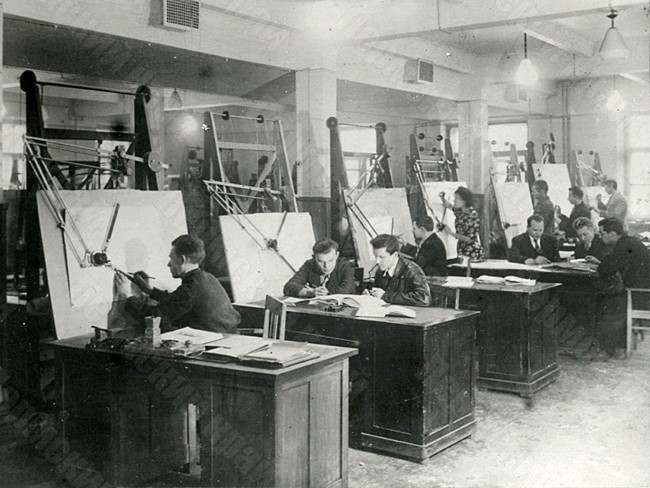 Workers of the design bureau of the Stalin Molotov Plant No. 19 at their work places